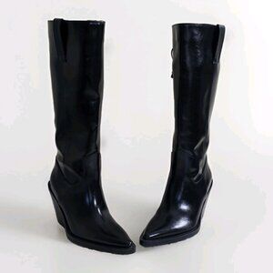 Zara Tall Boots Womens US 5 Black Faux Leather High Sculpted Heel Classic Office